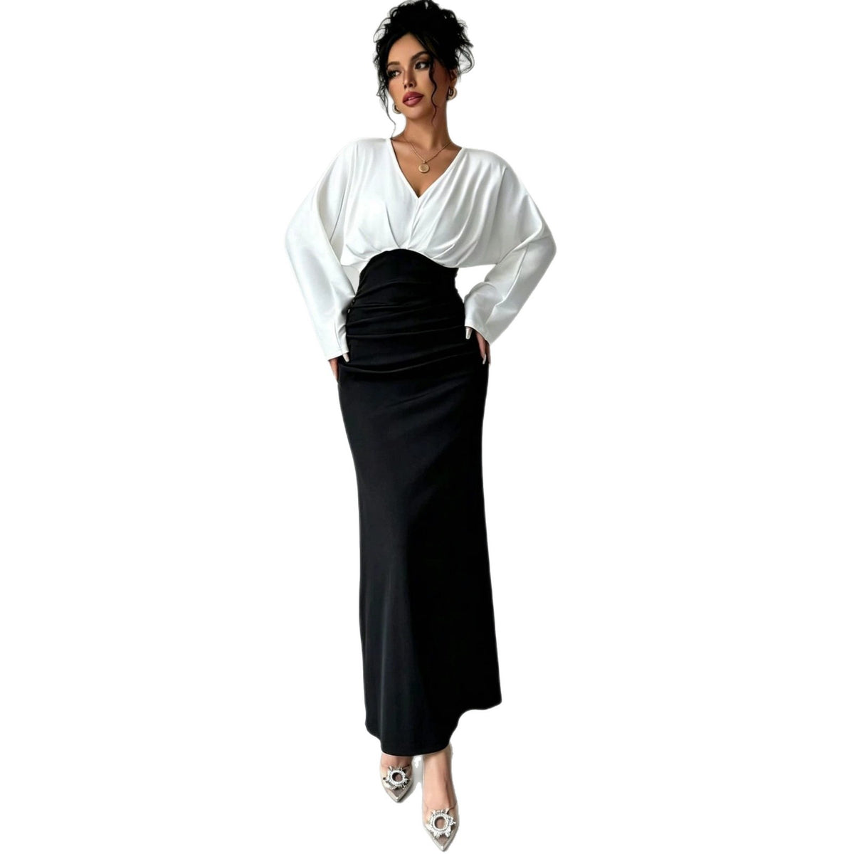 Womens Solid-Color Patchwork Long-Sleeve Slim-Fit Dress by Ricaloux