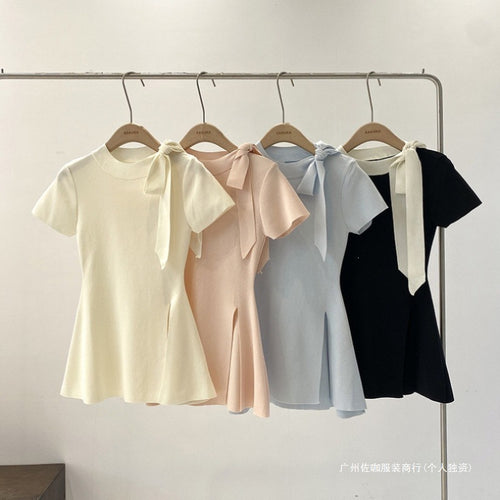 Bow-tie Lace-up Round-neck Short-sleeve Lightweight Dress – Premium 0 | RICALOUX