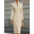 Elegant Solid Color Stand Collar Long Sleeve Dress – Premium 0 | RICALOUX