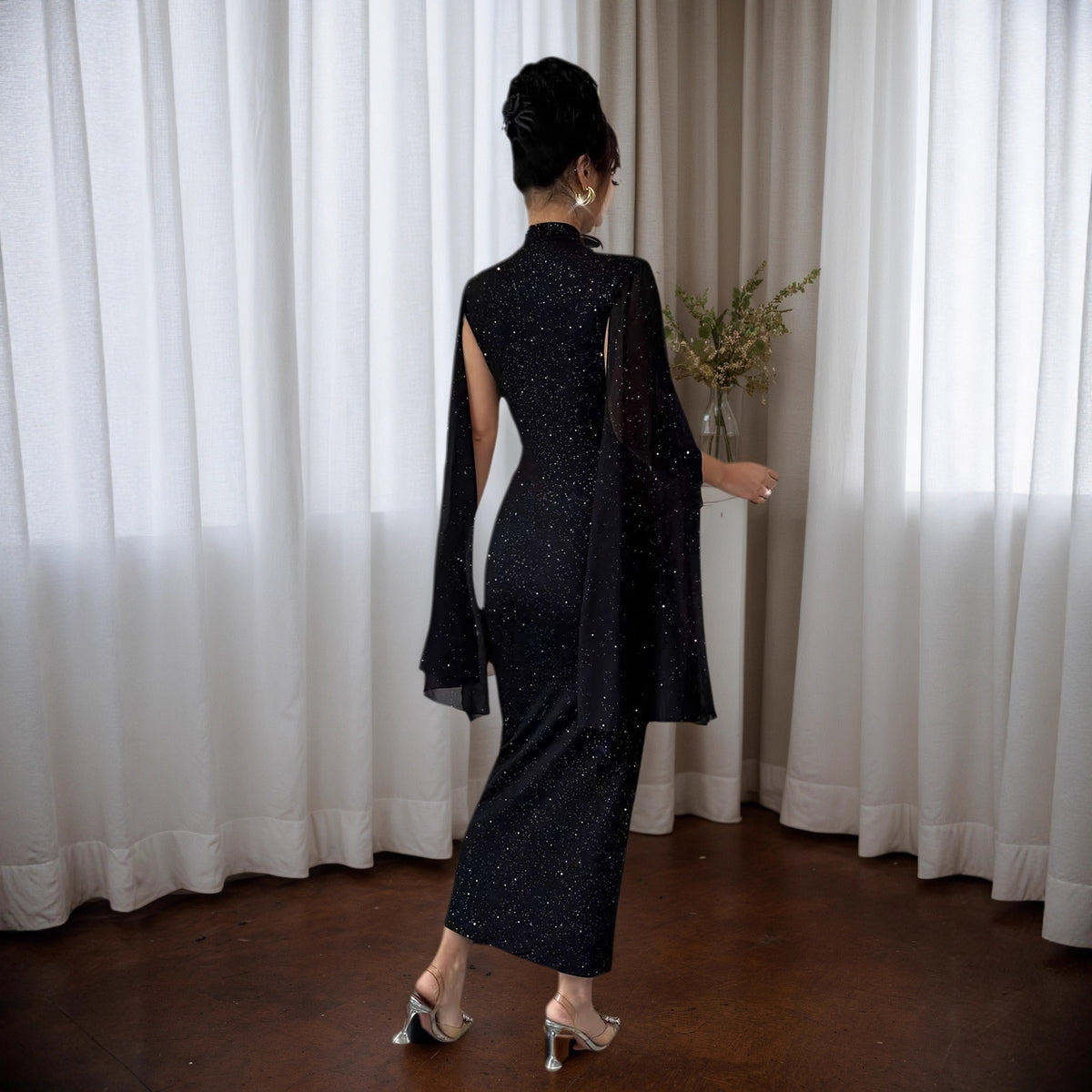 High-neck Sequined Lantern-sleeve Slim-fit Sexy Elegant Dress by Ricaloux