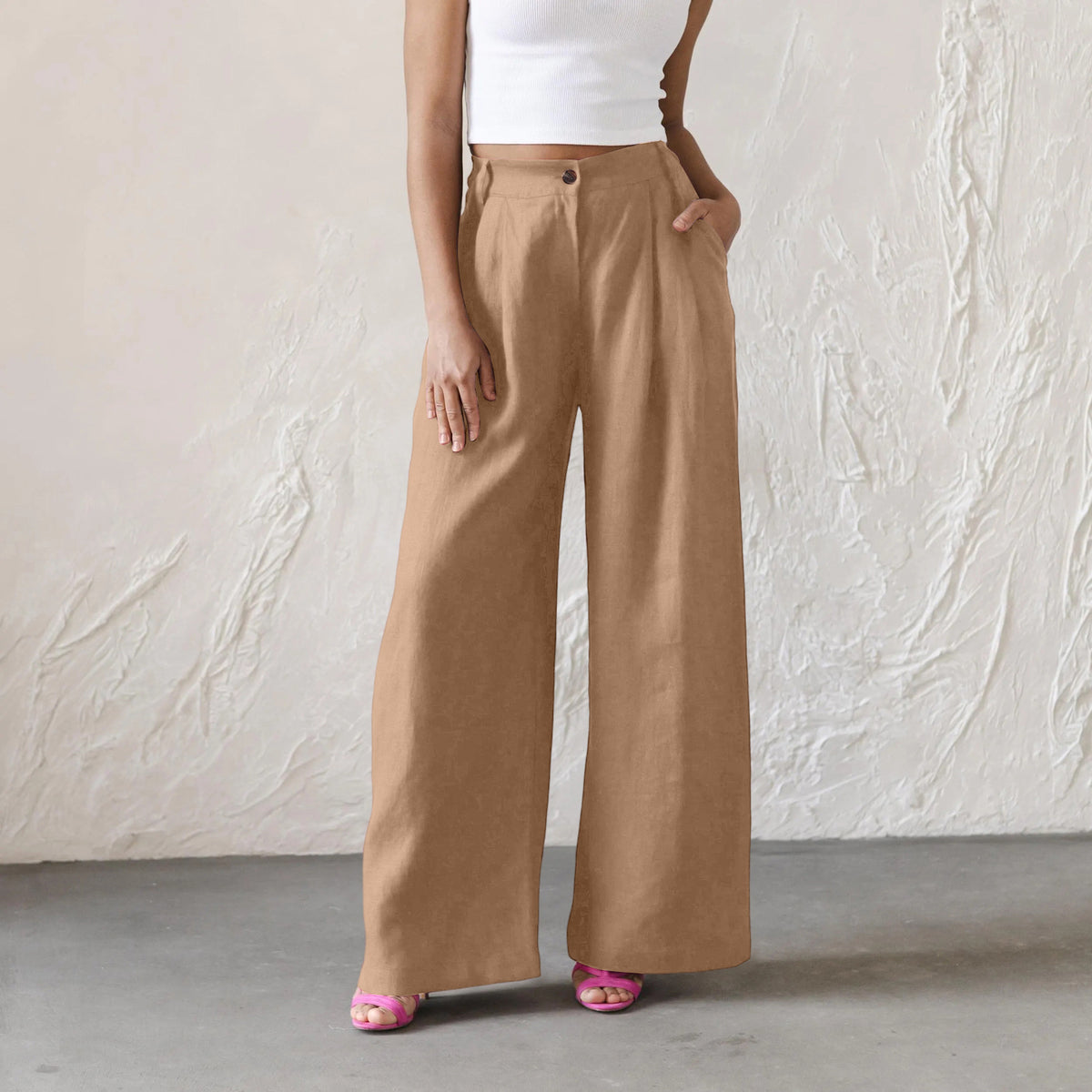 Womens Solid-Color High-Waisted Wide-Leg Pants Casual And Relaxed Fit Long Trousers by Ricaloux