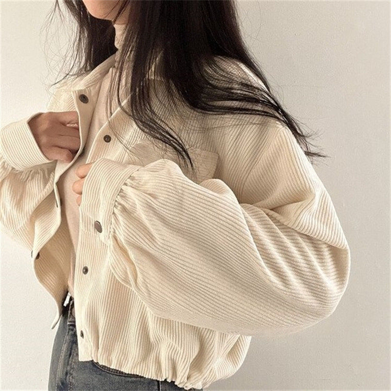 Notch-collar Cropped Drawstring Long-sleeve Shirt Corduroy Jacket – Premium 0 | RICALOUX