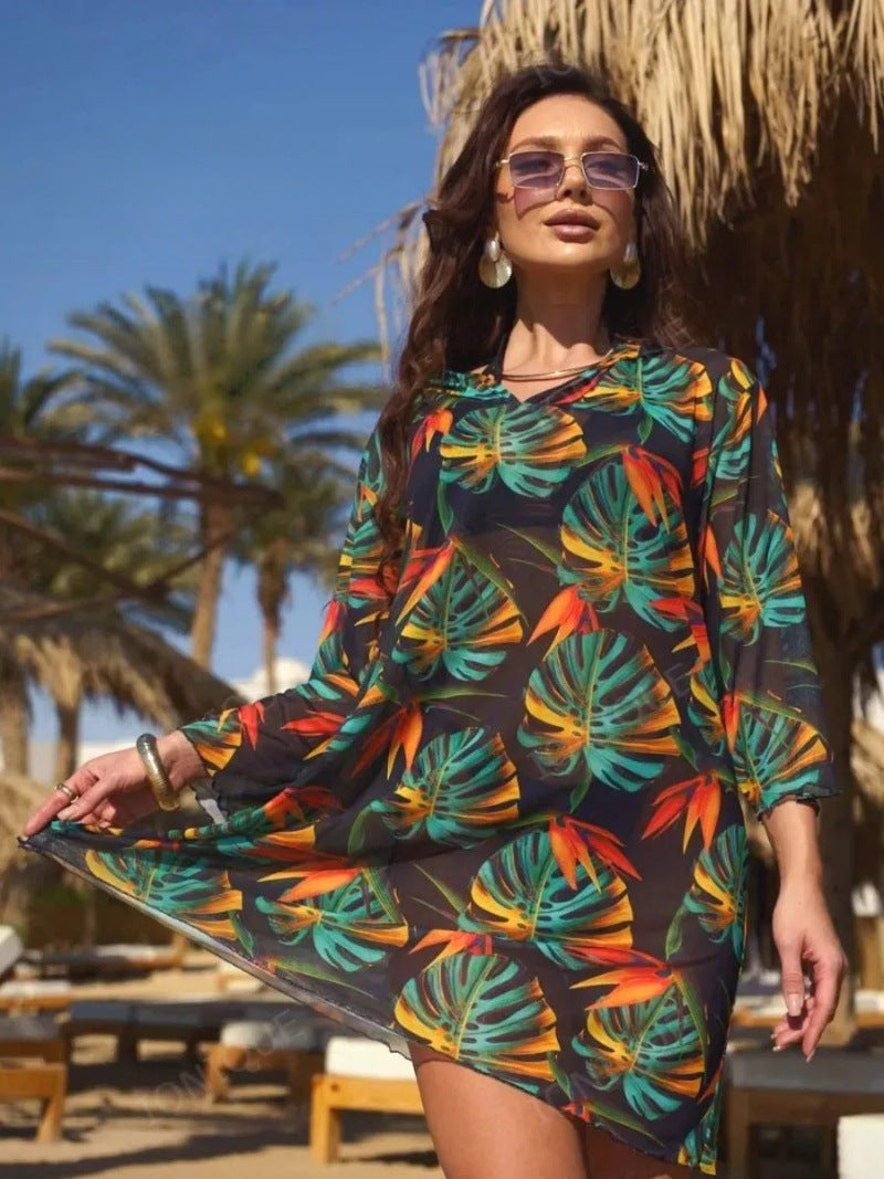 Printed Beach Three Quarter Sleeve One Piece Swimsuit Cover Up – Premium 0 | RICALOUX