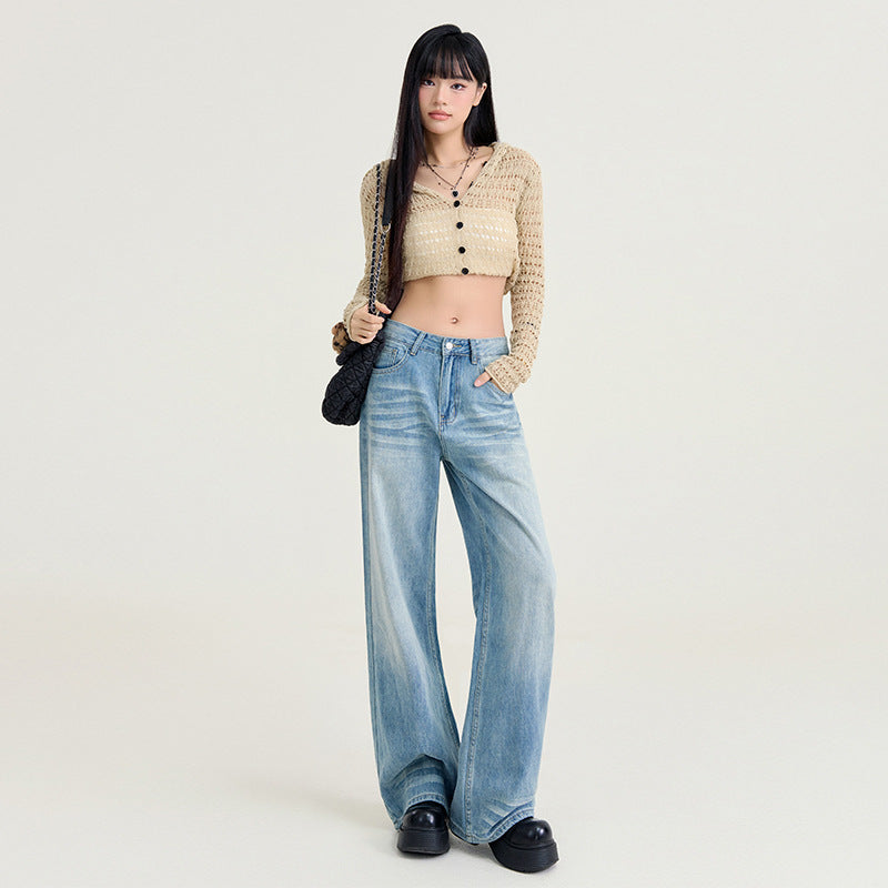 Womens Light-blue Washed Wide-leg Jeans – Premium 0 | RICALOUX