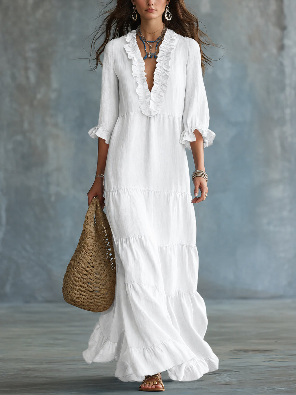 Womens V-neck Layered Casual Flowing Maxi Dress With Ruffled Hem – Premium 0 | RICALOUX