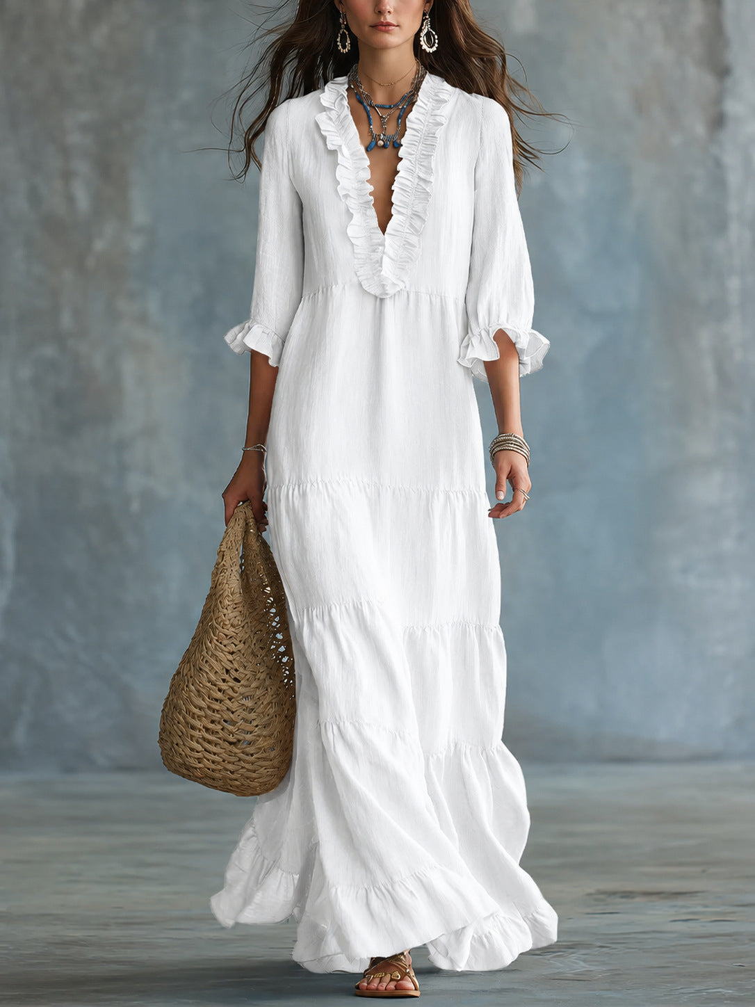 Womens V-neck Layered Casual Flowing Maxi Dress With Ruffled Hem – Premium 0 | RICALOUX
