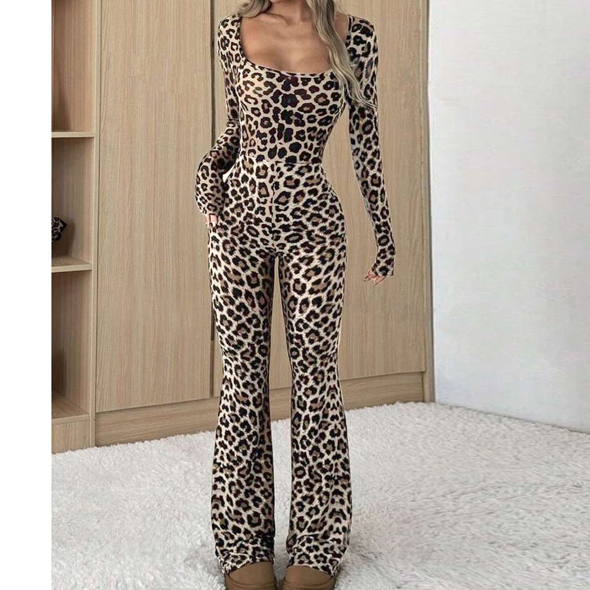 Women's Slim-fit Hip-wrapped Square Collar Leopard Print Jumpsuit - RICALOUX