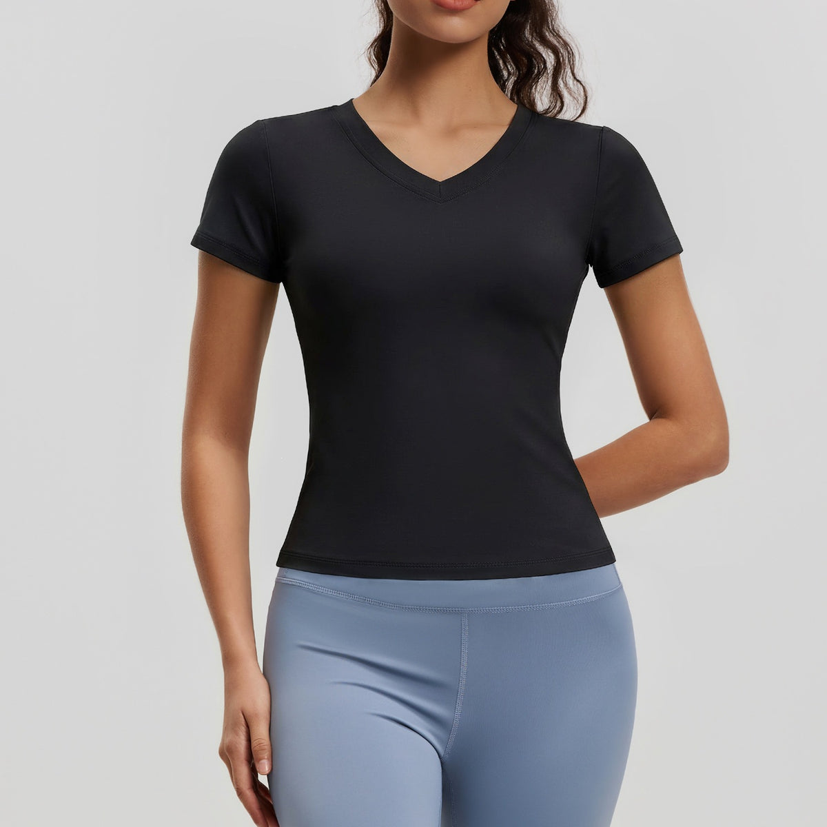 Peach Basic V-neck Short Sleeve Sports Top, Breathable Slim-fit Yoga Shirt For Fitness And Running – Premium 4 | RICALOUX