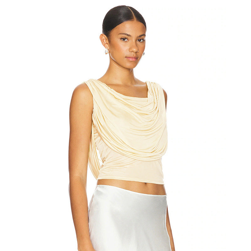 Solid-color Sleeveless Off-shoulder Boat-neck Backless T-shirt by Ricaloux
