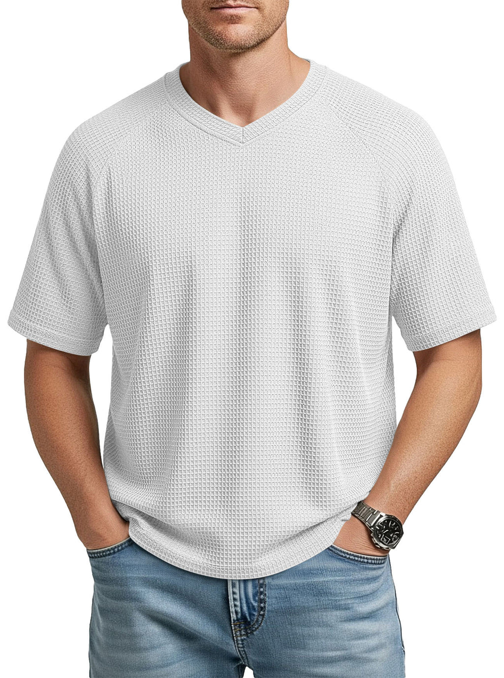 Mens V-neck Raglan Waffle-Knit Short-Sleeve Knit T-Shirt – Premium 0 | RICALOUX