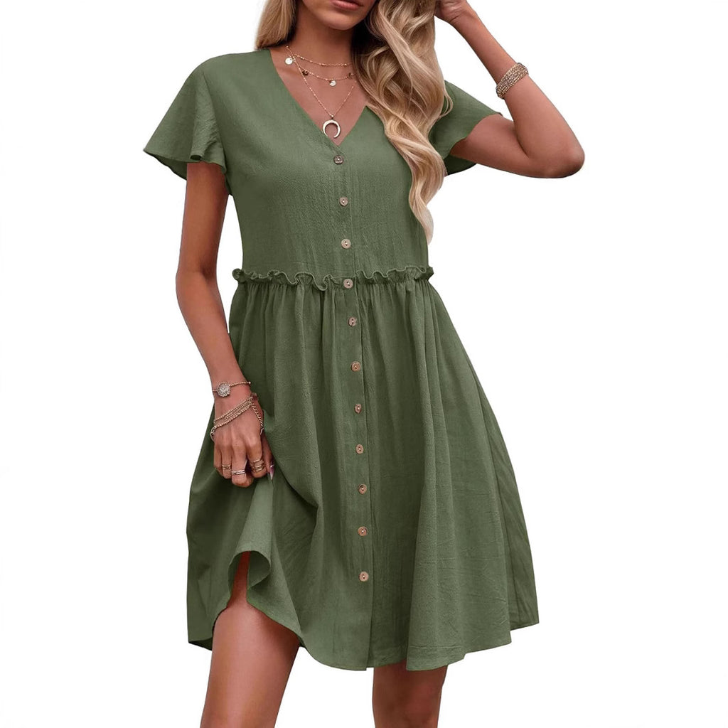 Bohemian-style Vacation V-neck Short-sleeve Ruffled Womens Dress by Ricaloux