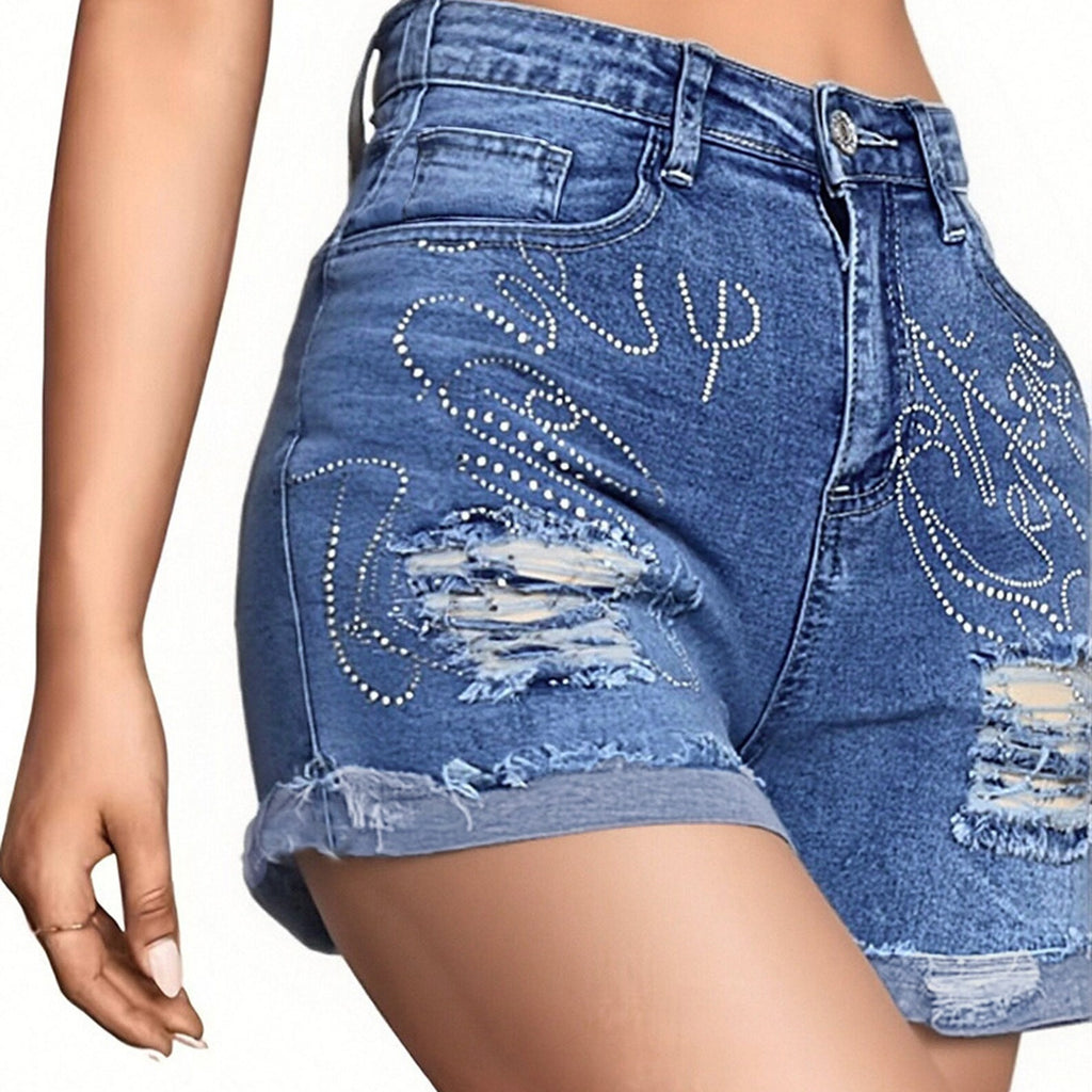 Womens Heavy-Duty Rhinestone-Embellished Denim Shorts by Ricaloux