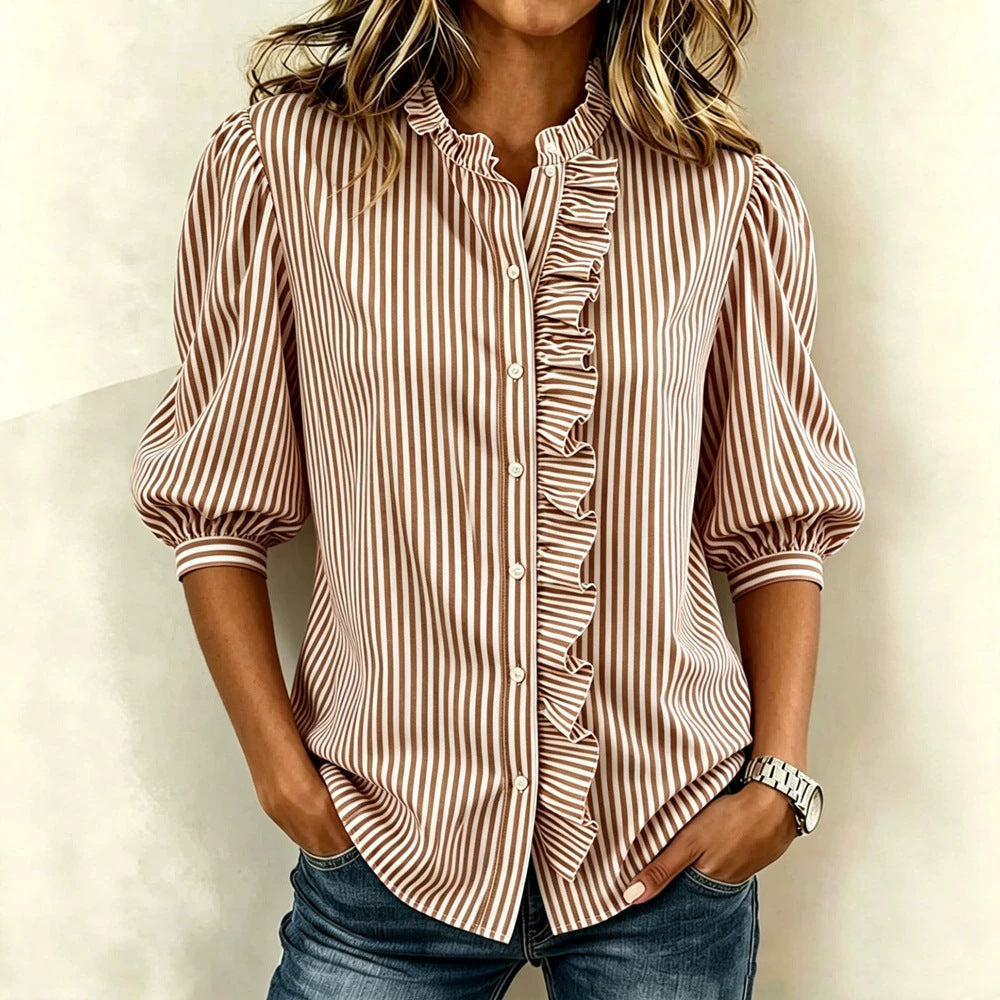 Puff-sleeved Button-up Summer Ruffled-edge Striped Loose-fit Blouse For Women – Premium 0 | RICALOUX