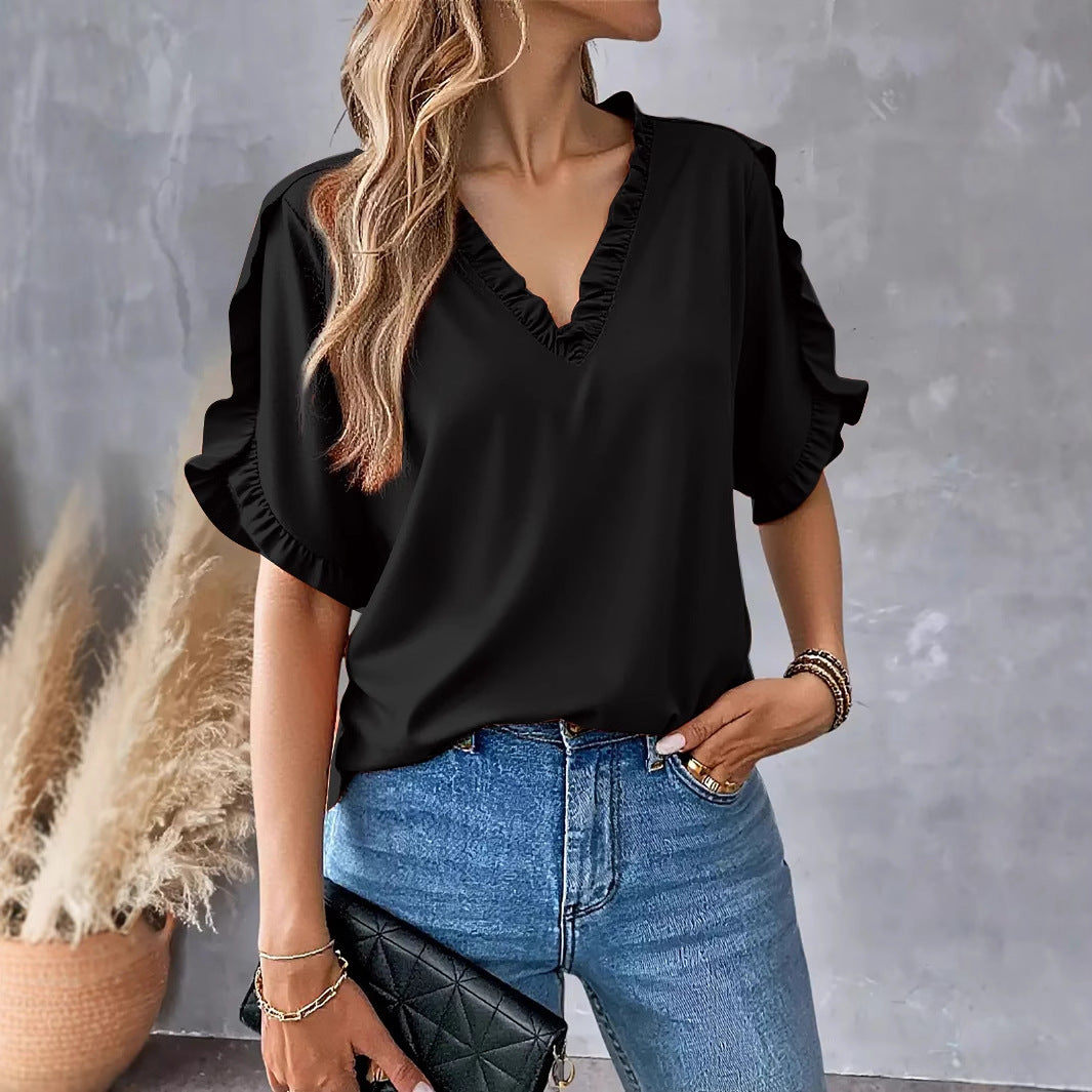 Womens Summer Simple Solid-Color Short-Sleeve Top – Premium 0 | RICALOUX