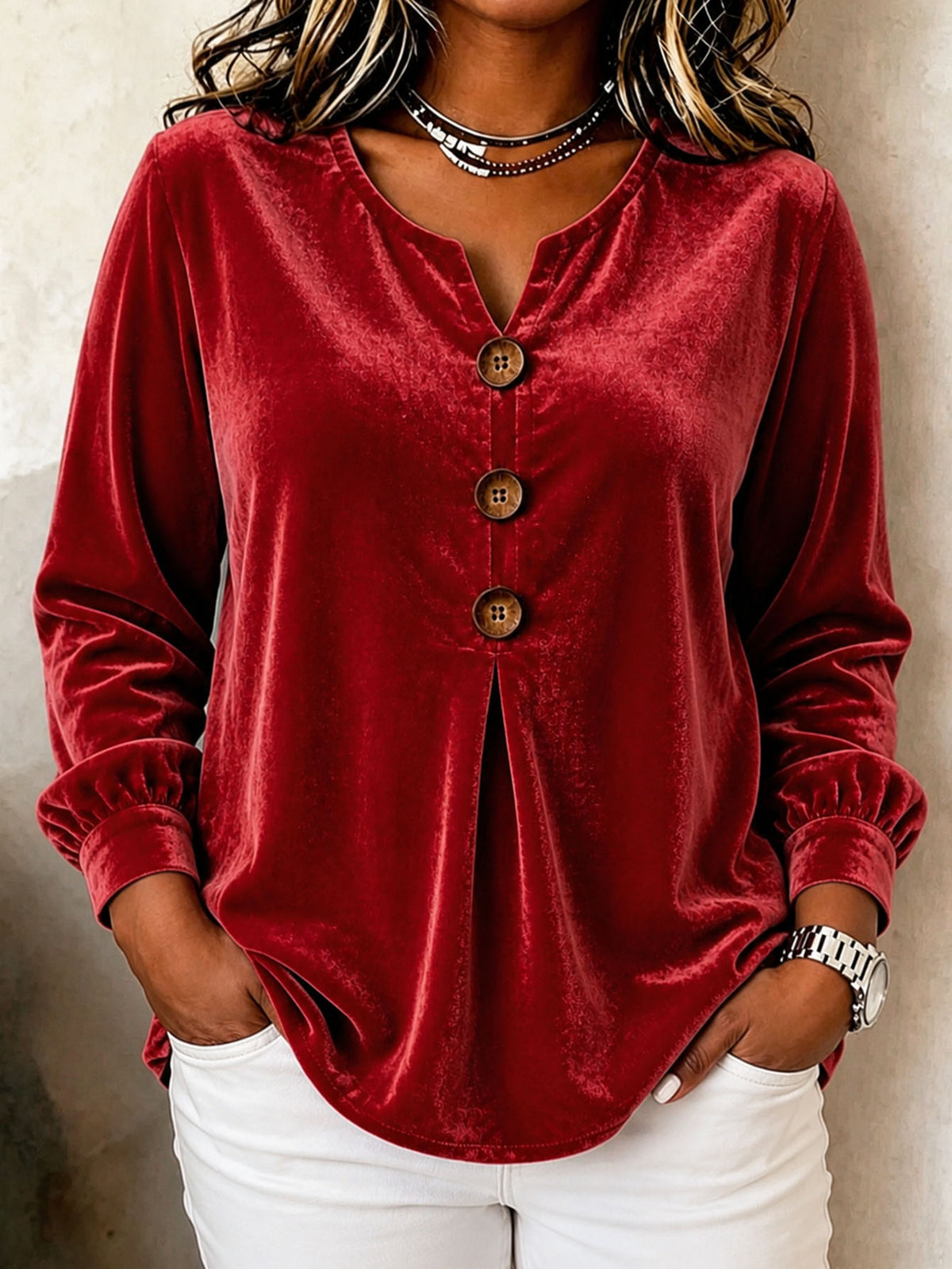 Elegant V-neck Buttoned Long-sleeve Velvet Blouse For Women – Premium 0 | RICALOUX