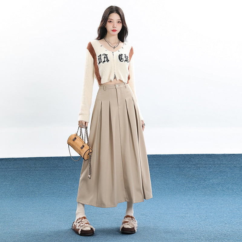 Khaki High-waisted Midi Pleated Skirt Womens Skirt by Ricaloux