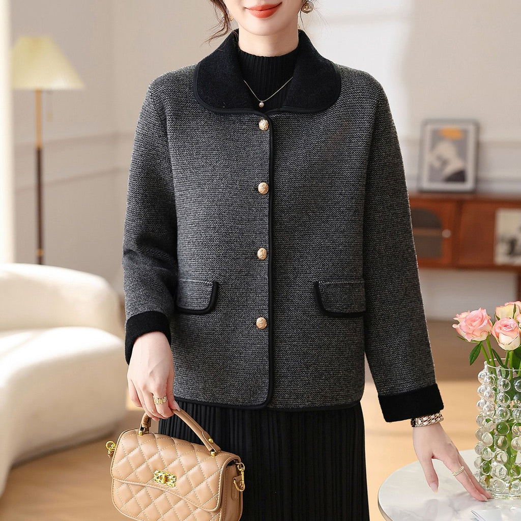 Polo-collar Denim-panel Knitted Mock Two-piece Sweater by Ricaloux