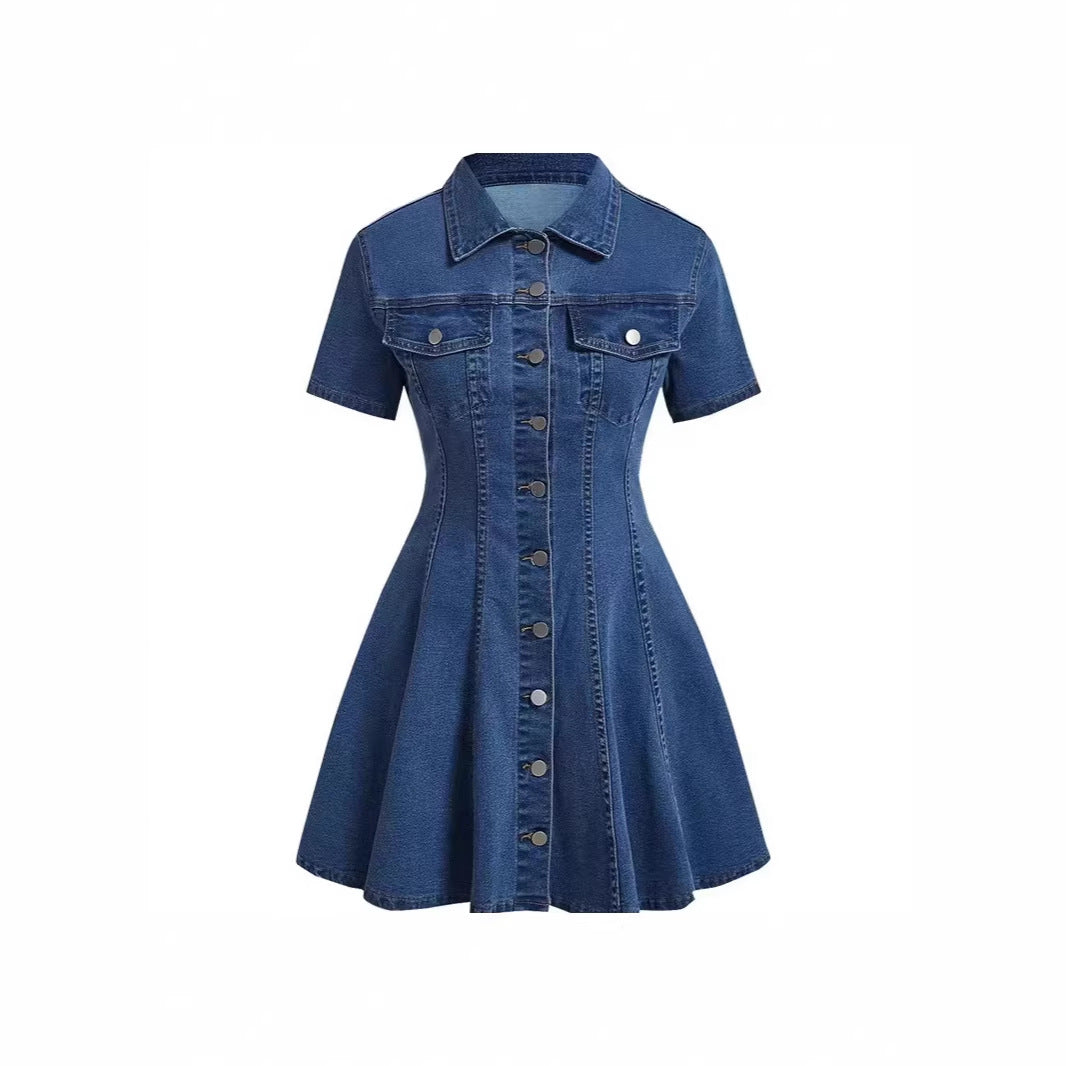 Denim Short-sleeve Cardigan Waist-cinching Dress – Premium 0 | RICALOUX