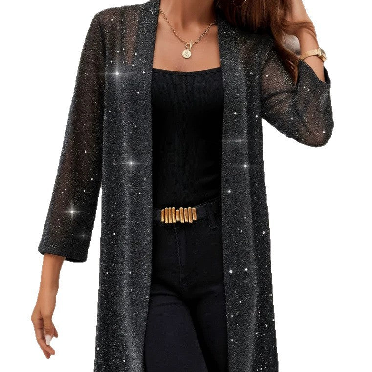 Elegant Semi-sheer Long Cardigan With Shimmering Mesh Detailing For Women by Ricaloux