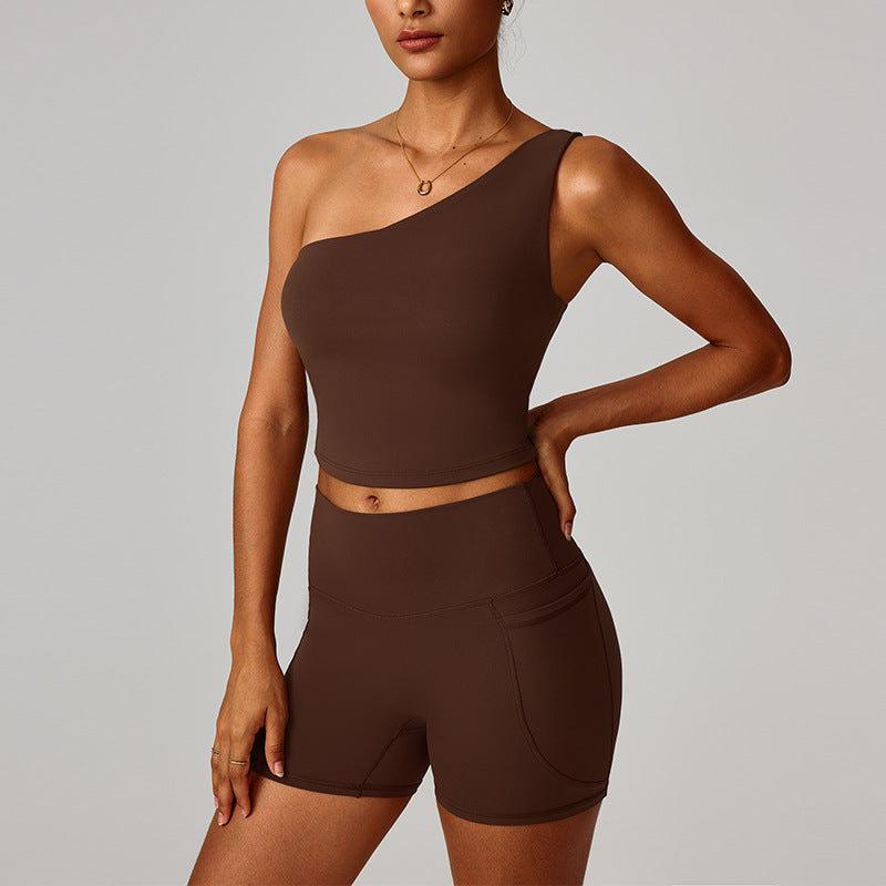 Womens Cloud-Feel Slanted One-Shoulder Cinched-Yoke Yoga Tank Top by Ricaloux