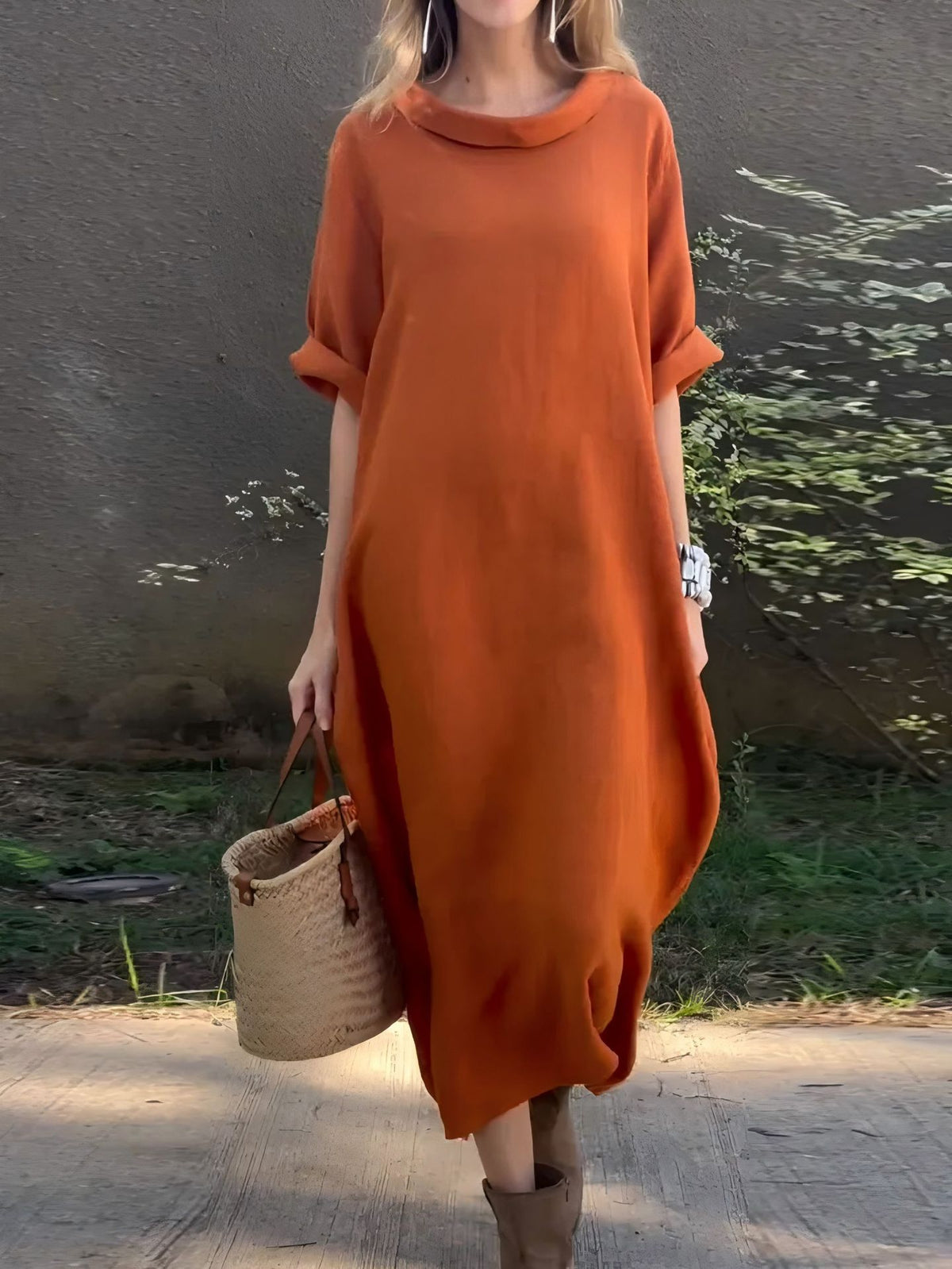 Casual Loose-fitting Round-neck Mid-sleeve Maxi Dress With A Flared Hem by Ricaloux