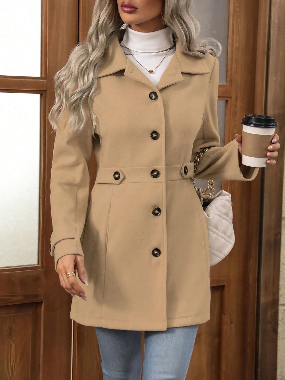 Women's Solid Color Wool Blend Coat, Fashion Lapel Button Up Casual Elegant Overcoat For Autumn by Ricaloux