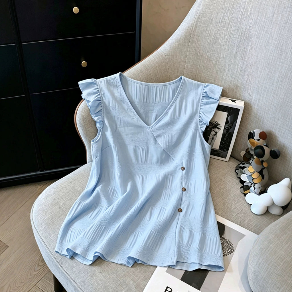French-style V-neck, Fluttery Three-quarter Sleeves, Textured Top by Ricaloux