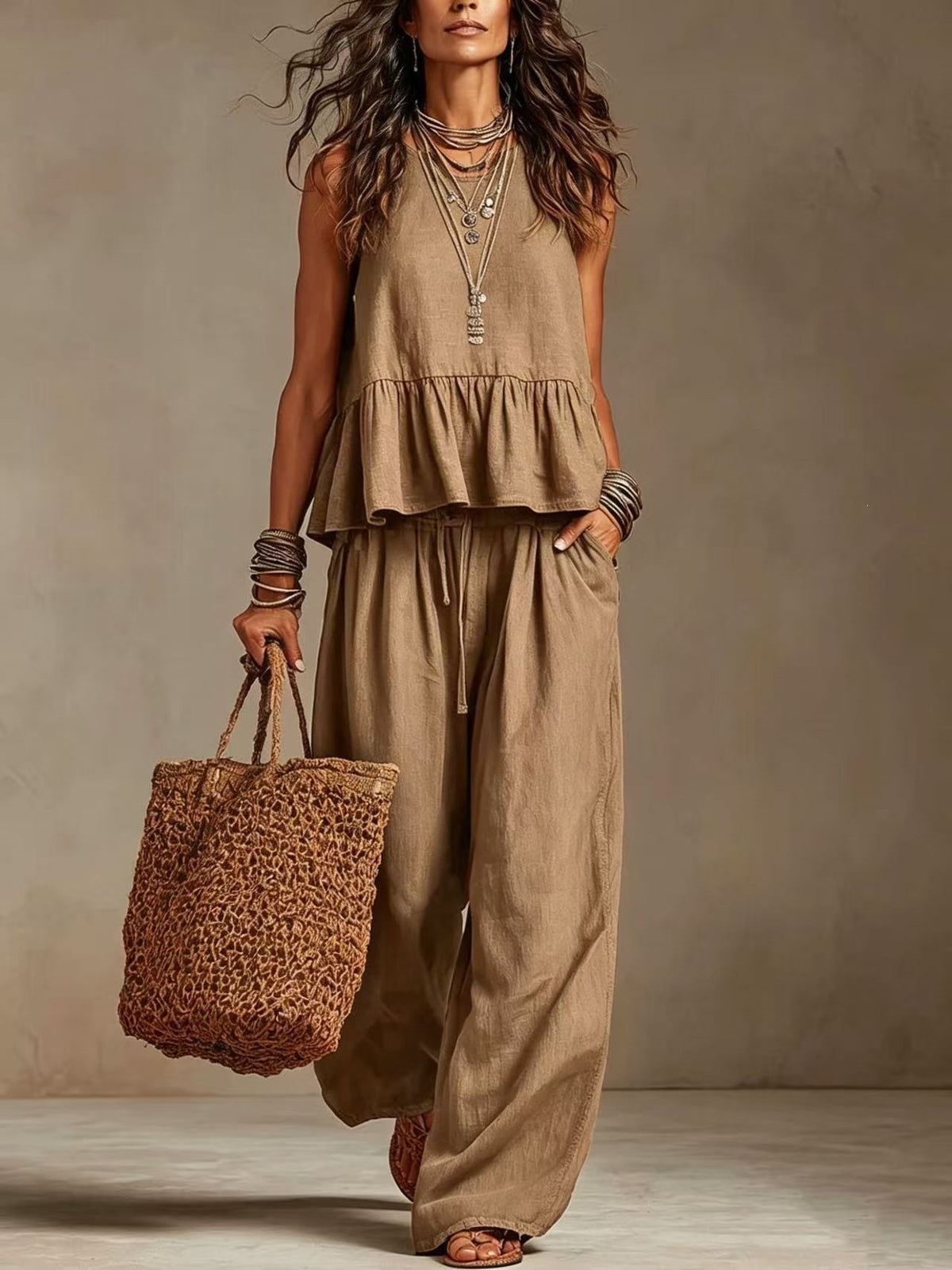 V-Neck Ruffle Hem Sleeveless Crop Top & High Waist Wide Leg Linen Pants Two Piece Outfit Set by Ricaloux