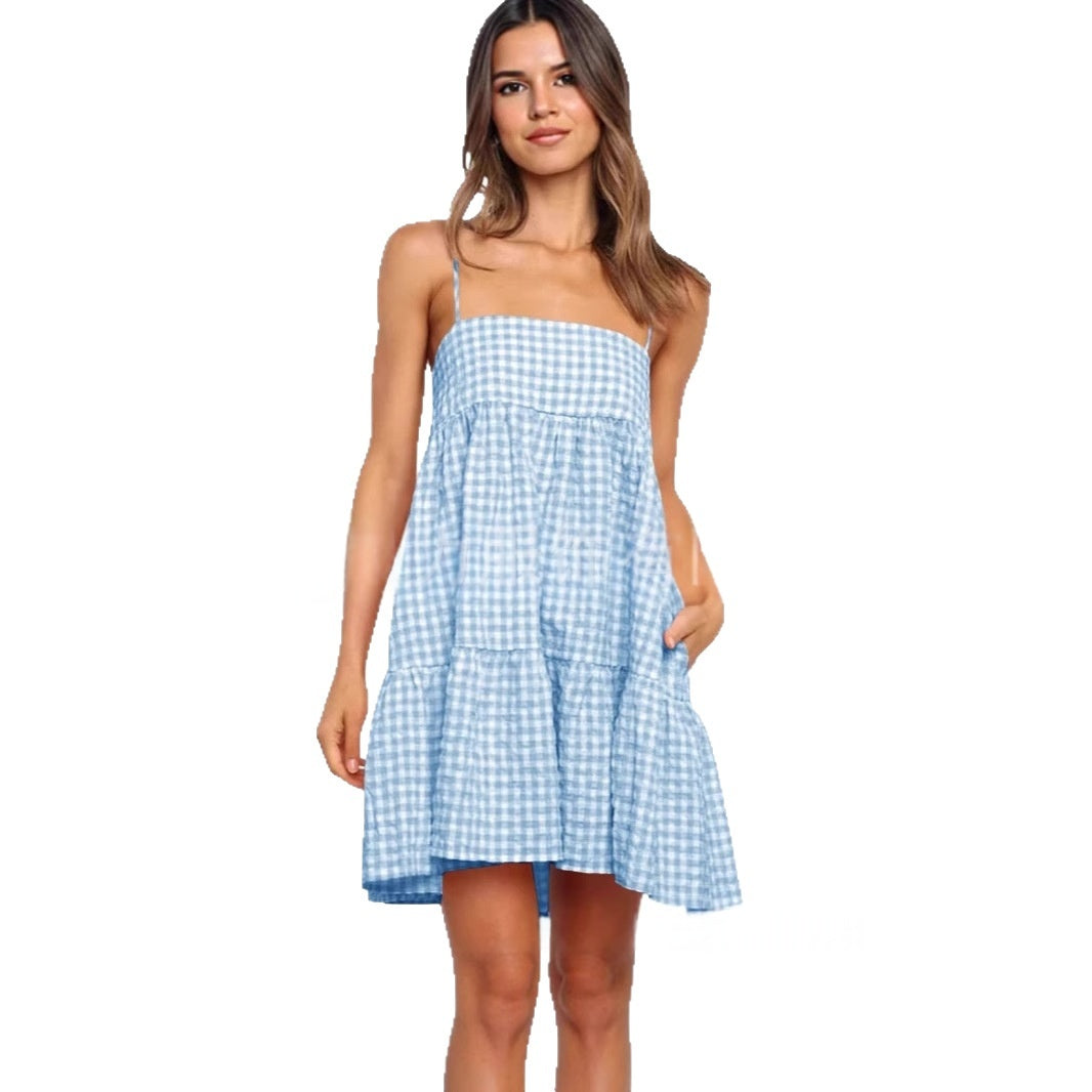 Casual Mini Dress With Shoulder Strap Ruffles And Side Pockets by Ricaloux