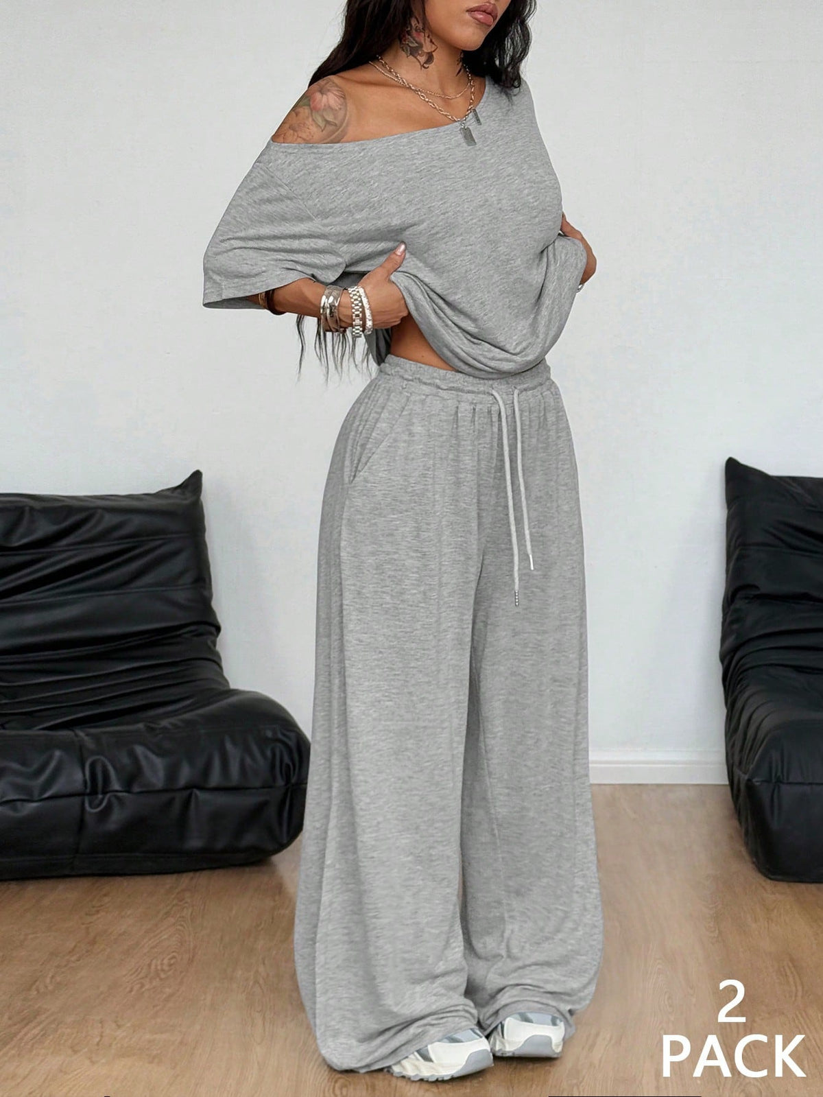 Casual 2 Pieces Set For Woman Two Piece Outfits Blusas T Shirt Tees Simple Style Homewear Loose Solid Color by Ricaloux