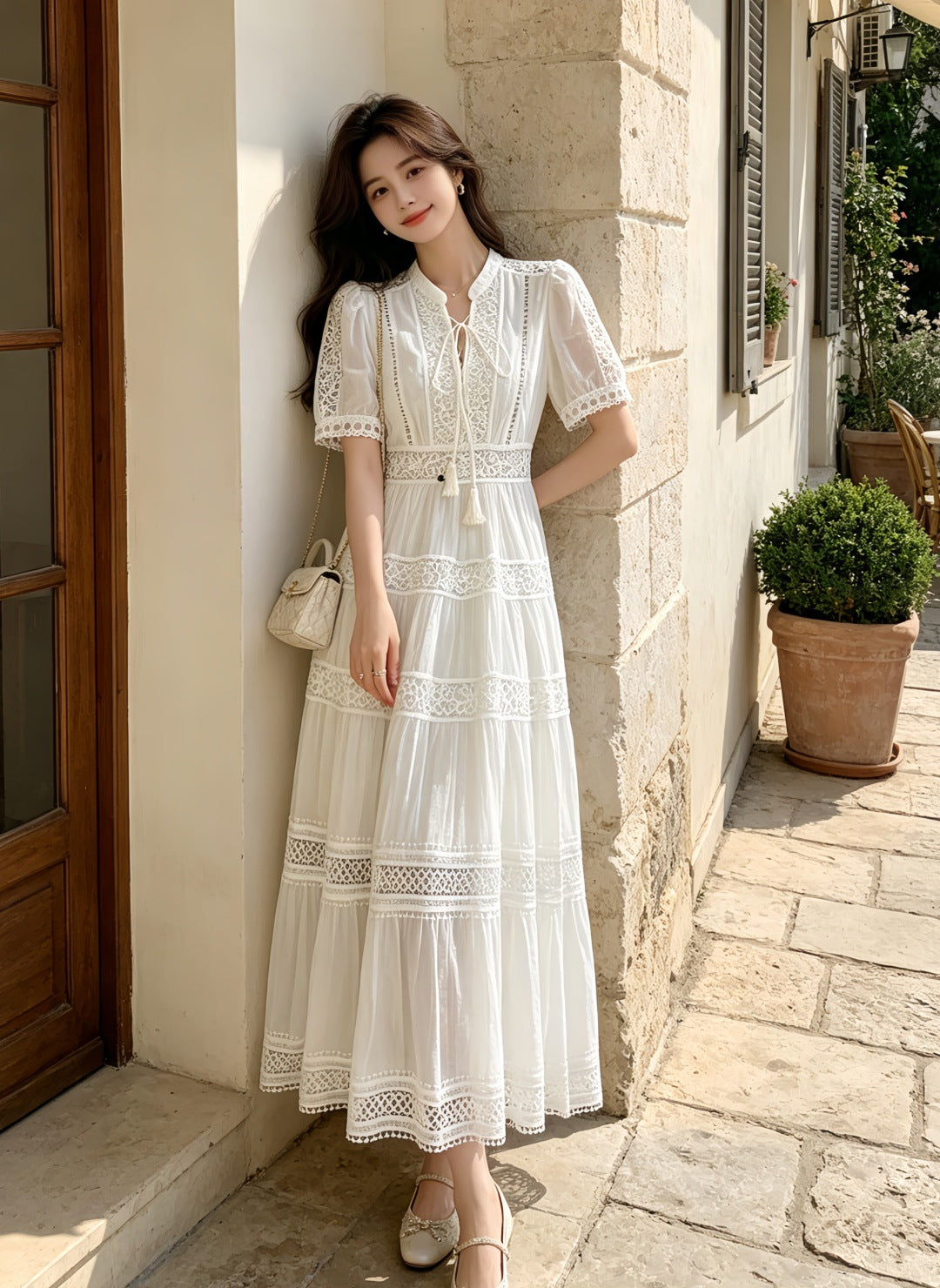 Womens French-style Intricately Crafted Lace Hollow-out V-neck Dress – Premium 0 | RICALOUX