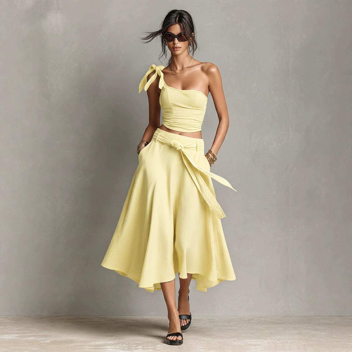 Off-Shoulder Strap Top With Slanted Shoulders High-Waisted A-Line Long Skirt Womens Set – Premium 0 | RICALOUX