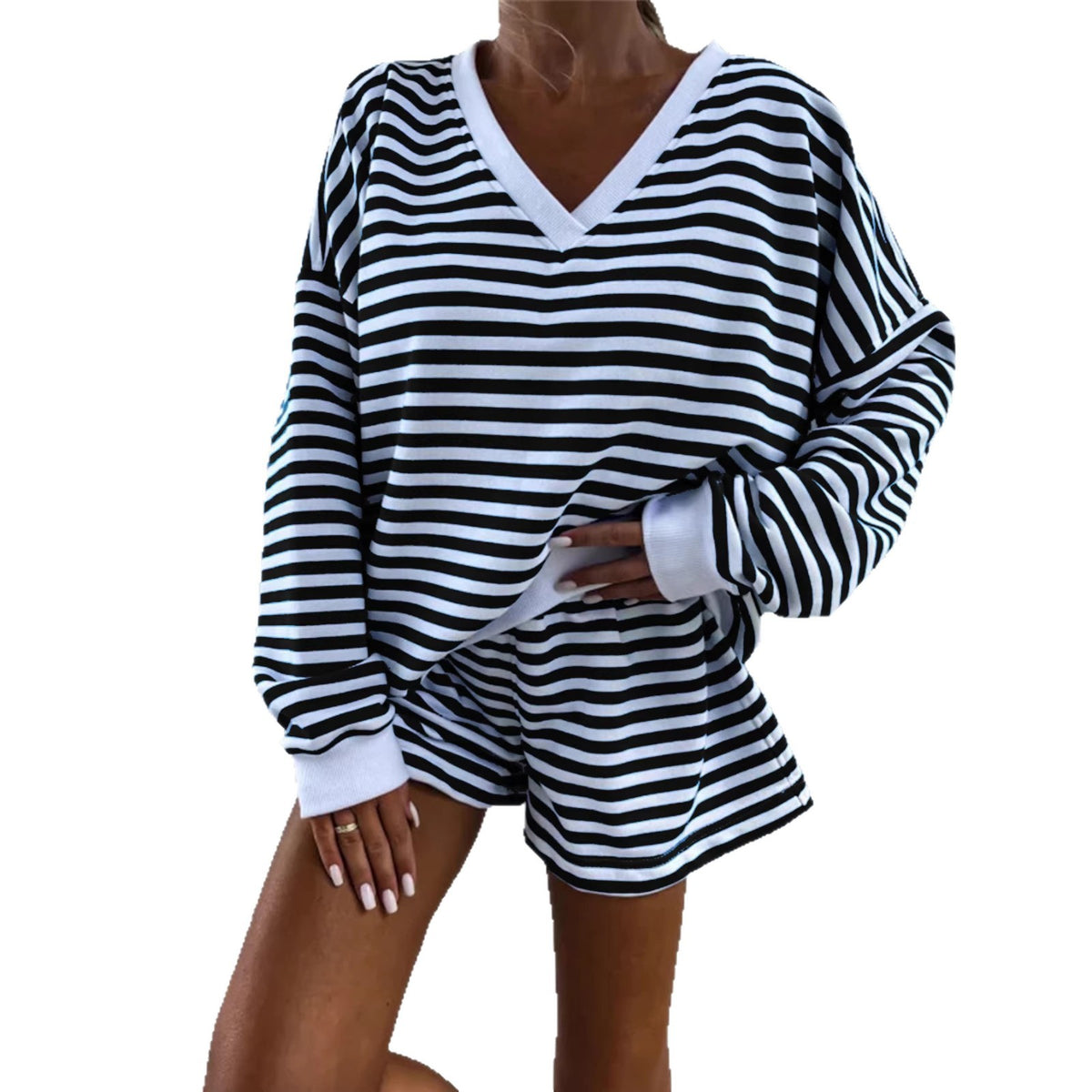 Womens Striped V-Neck T-Shirt And Shorts Set – Premium 0 | RICALOUX