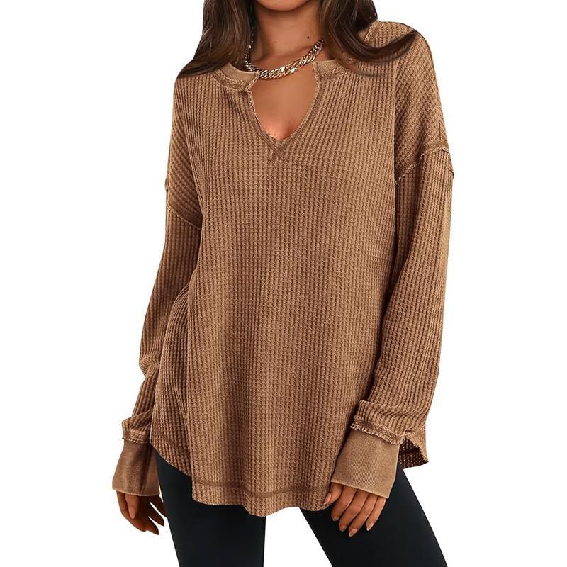 Womens AutumnWinter Casual Knitted Sweater Solid-Color Long-Sleeve V-Neck Waffle-Weave Hoodie Top by Ricaloux