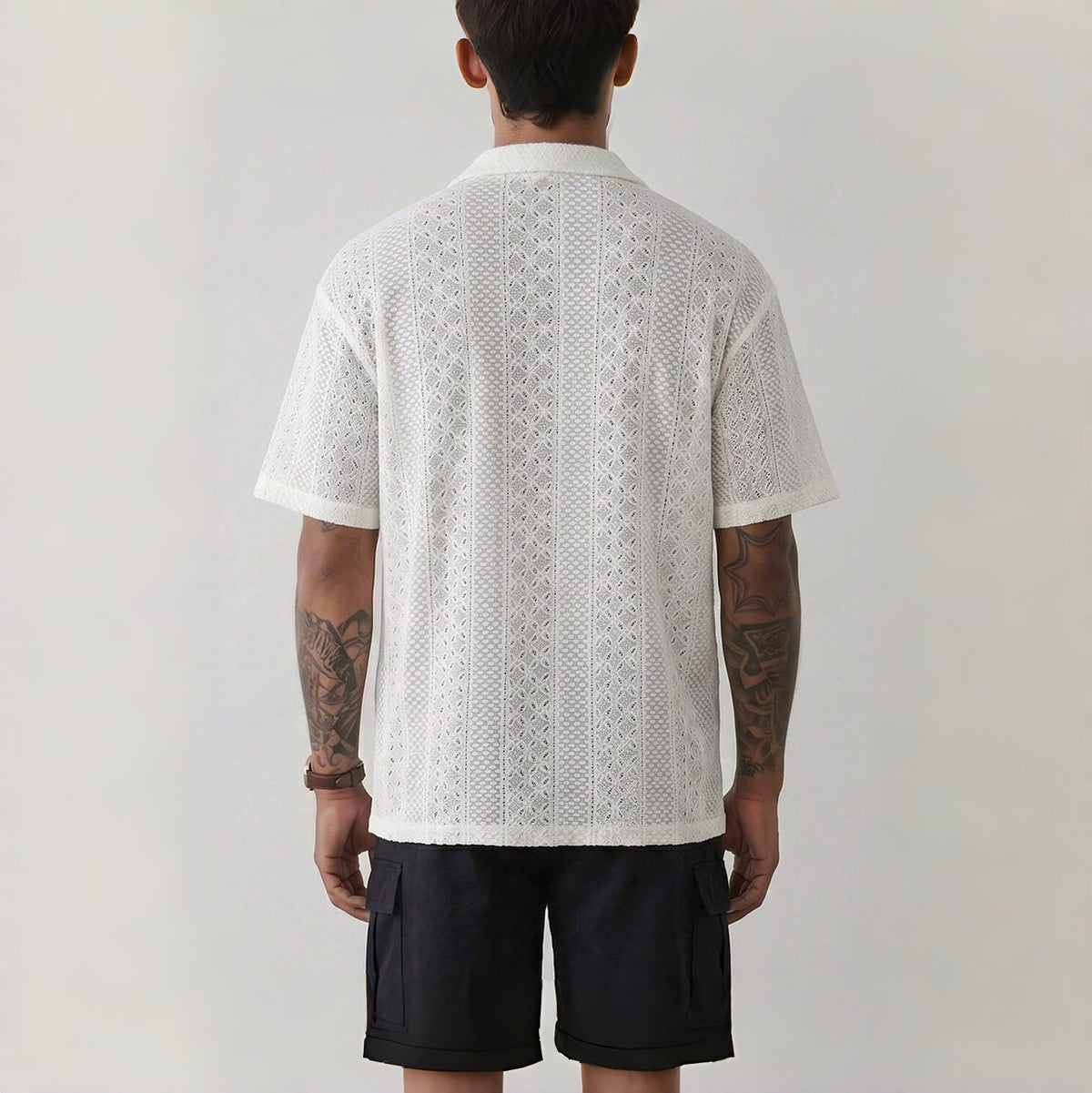 Old Money Style Cuban Collar Hollow Out Knitted Short Sleeve Shirt by Ricaloux