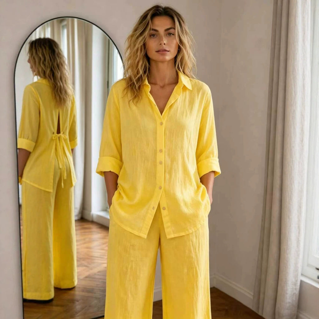 New Casual Solid-Color Trousers Summer Loose Single-Breasted Crepe Shirt Set by Ricaloux