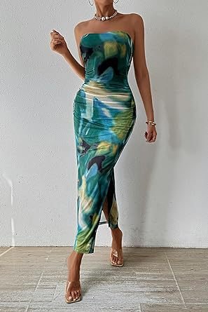 Women's Clothing Slit Hemline At Hem Sleeveless Printed Dress - RICALOUX