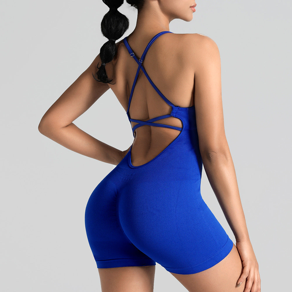 Seamless One-Piece Yoga Jumpsuit, Outdoor Back-Support Sports Bra, Peach Butt Fitness Outfit, Strappy Skin-Tight Bodysuit by Ricaloux