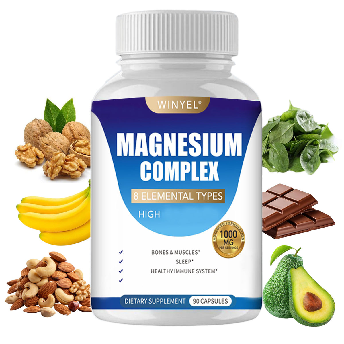 MAGNESIUM COMPLEX Wellness Capsules With Malate & Glycinate And 8 ELEMENTAL MAGNESIUM, Supports Health 90 Capsules, Dietary Supplement. by Ricaloux