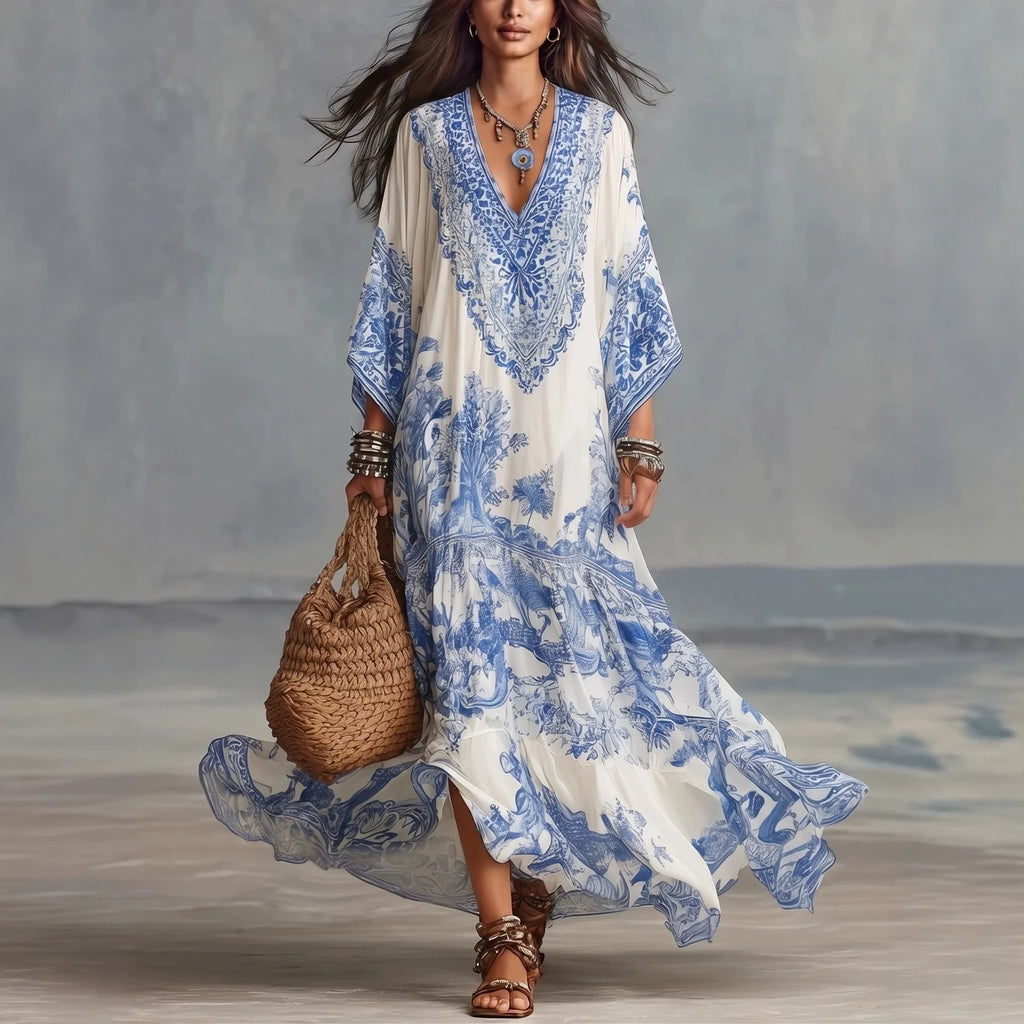 Printed V Neck Batwing Sleeve Bohemian Maxi Dress – Premium 0 | RICALOUX