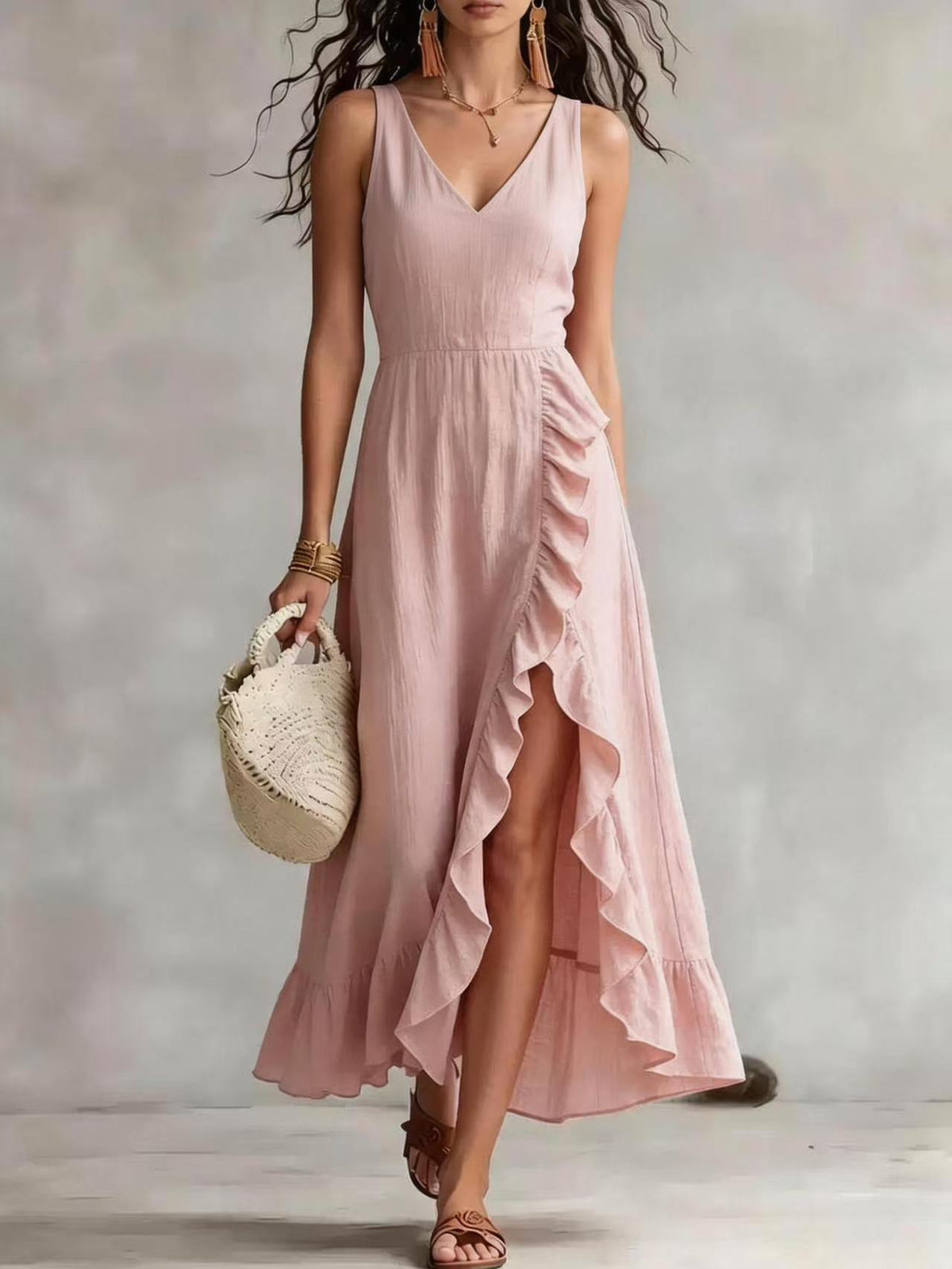 Womens V-neck Sleeveless Flounced Hem Split Dress - RICALOUX