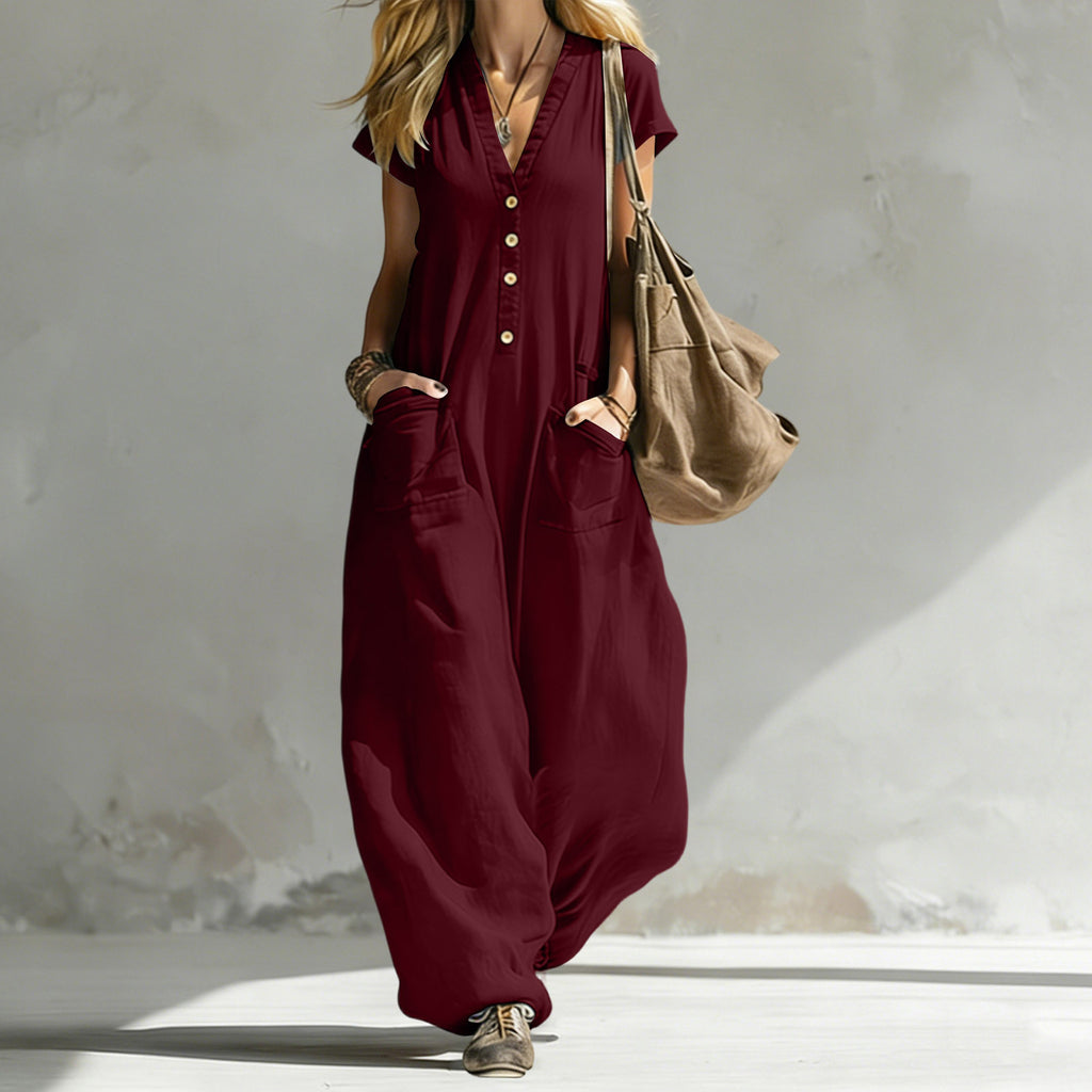 Womens Solid-Color V-Neck Short-Sleeve Jumpsuit by Ricaloux
