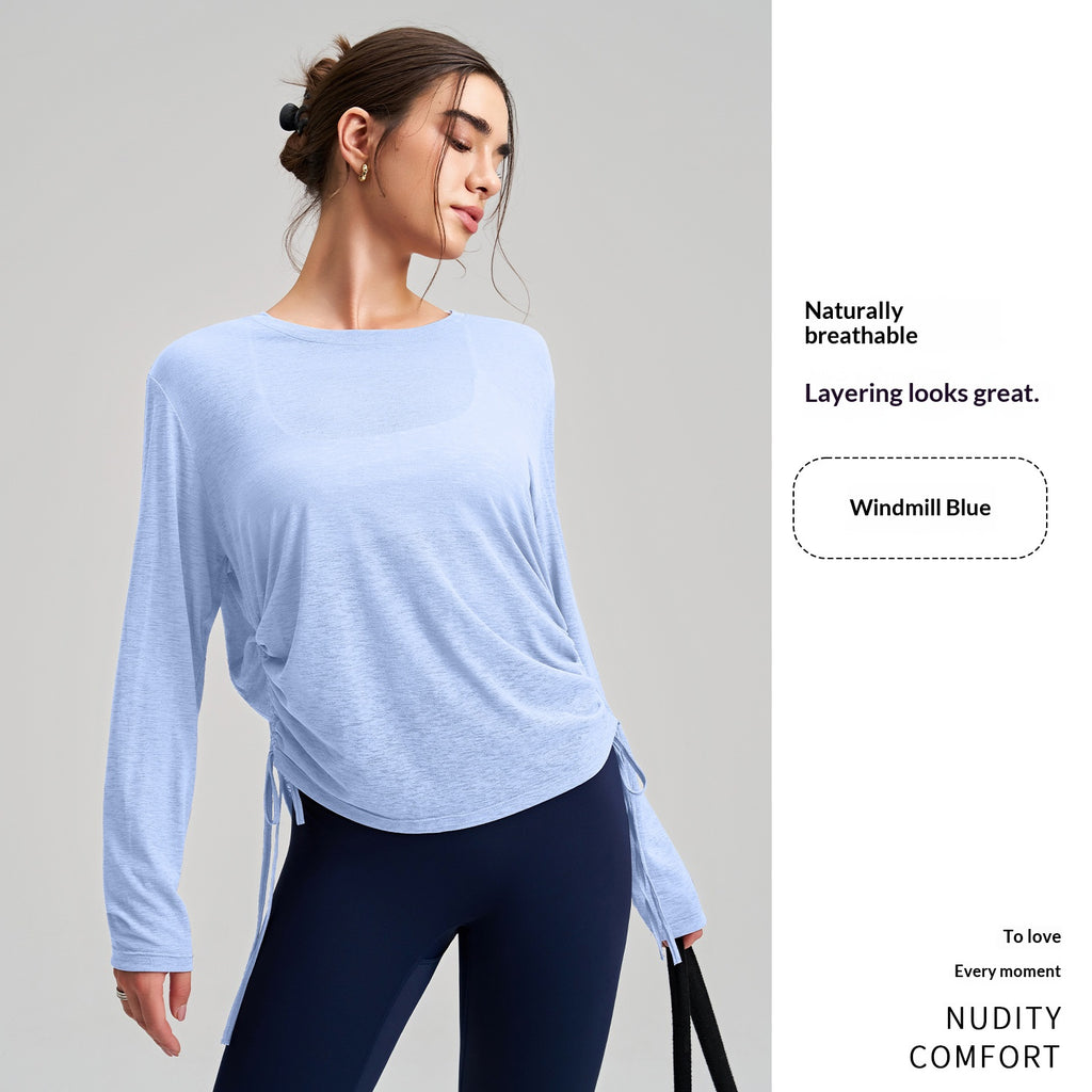 New Outerwear Crew Neck Yoga Cover-up Long-Sleeve Hip-Covering Side Drawstring T-Shirt, Loose Breathable Workout Running Yoga Top – Premium 4 | RICALOUX