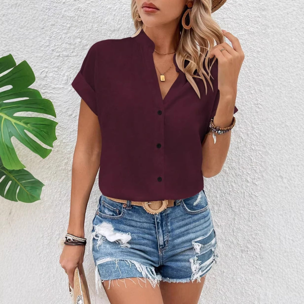 V-neck Fashionable Casual Womens Solid-color Batwing Short-sleeve Shirt by Ricaloux