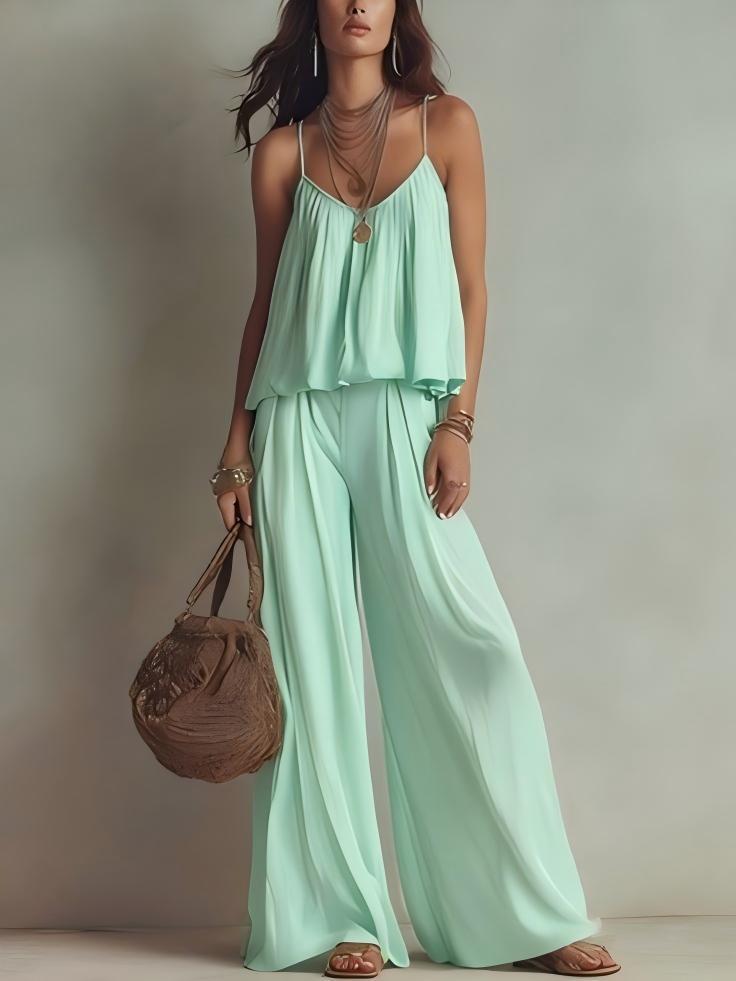 Square Neck Loose Cami Crop Top & High Waist Flowy Wide Leg Pants Two Piece Vacation Outfit Set – Premium 4 | RICALOUX