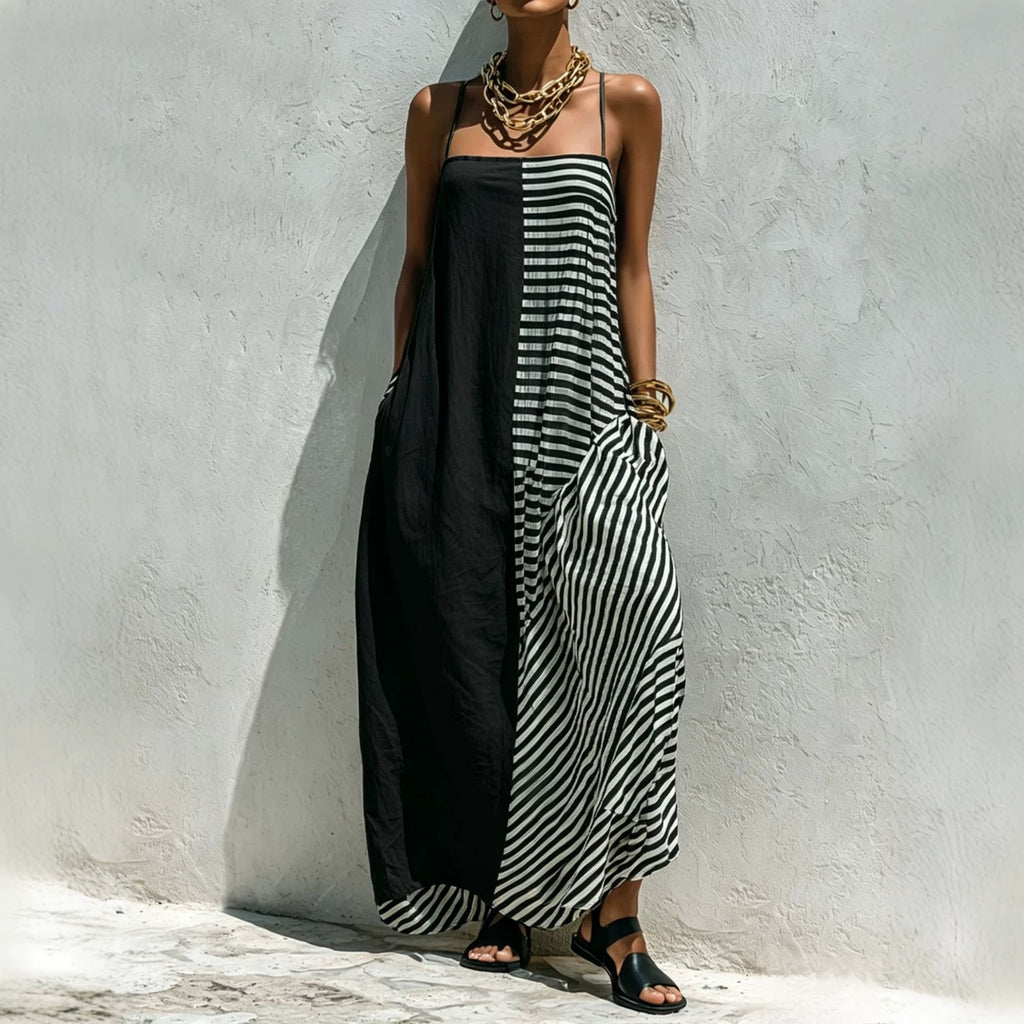 Printed Striped Strap Sleeveless Long Dress by Ricaloux