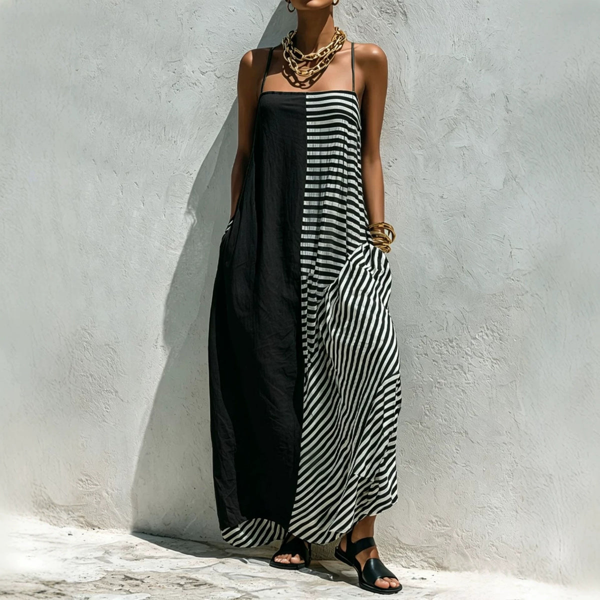 Printed Striped Strap Sleeveless Long Dress by Ricaloux