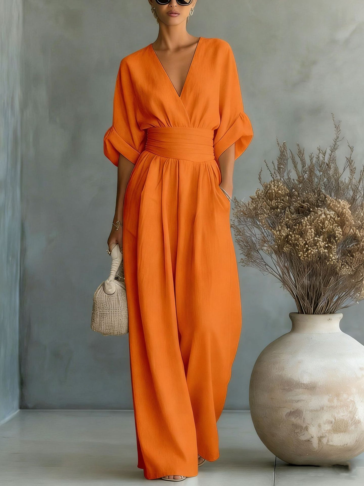 Summer Short-sleeved Jumpsuit Fashion Casual V-Neck Wide-Leg Pants Womens Clothing by Ricaloux