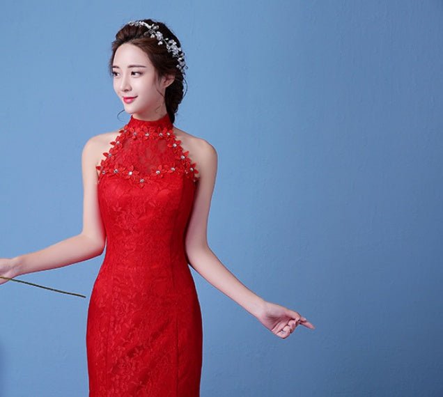 Big Red Wedding Dress Bride Large Size Waist Fishtail Wedding Dress Fishtail Tail Korean Hanging Neck - RICALOUX