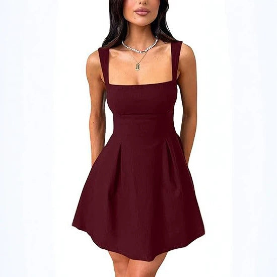 Womens Sleeveless Square-Neck Mini Dress With Adjustable Straps And Bow Tie by Ricaloux